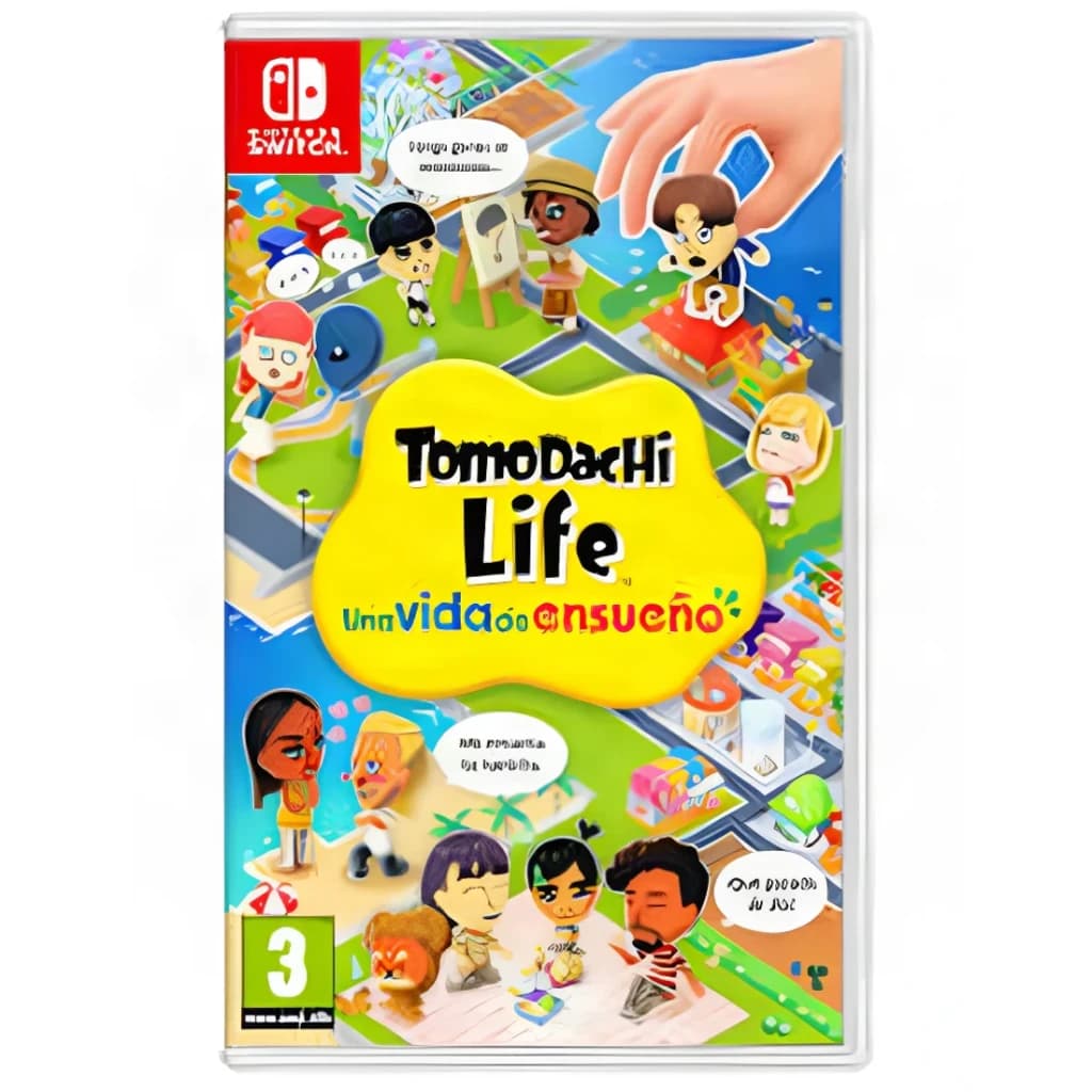 Jeu vidéo Nintendo Tomodachi Life: Une Vie de Rêve Switch, vue de face: pochette avec Miis colorés sur île et logo jaune