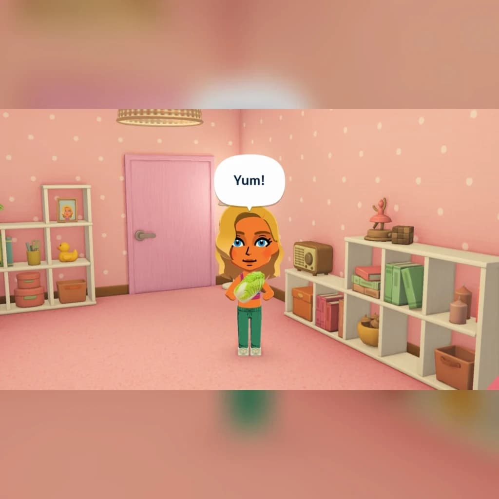 Jeu vidéo Nintendo Tomodachi Life: Une Vie de Rêve Switch, en jeu: Mii blonde mange dans chambre rose avec étagères et bulle