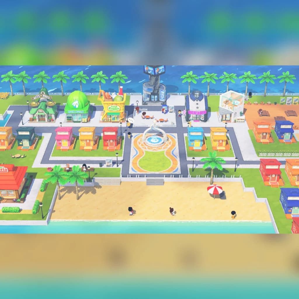 Jeu vidéo Nintendo Tomodachi Life: Une Vie de Rêve Switch, en jeu: île colorée avec boutiques, place centrale à fontaine