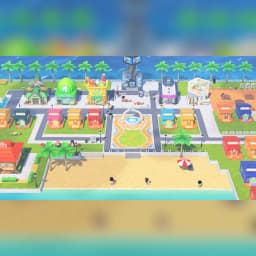 Jeu vidéo Nintendo Tomodachi Life: Une Vie de Rêve Switch, en jeu: île colorée avec boutiques, place centrale à fontaine