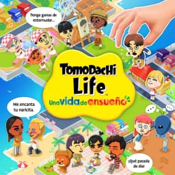 Jeu vidéo Nintendo Tomodachi Life: Une Vie de Rêve Switch, artwork: personnages Mii sur île avec plage, ville et bulles