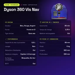 Robot aspirador Dyson 360 Vis Nav Sensor de infravermelhos 65min - características