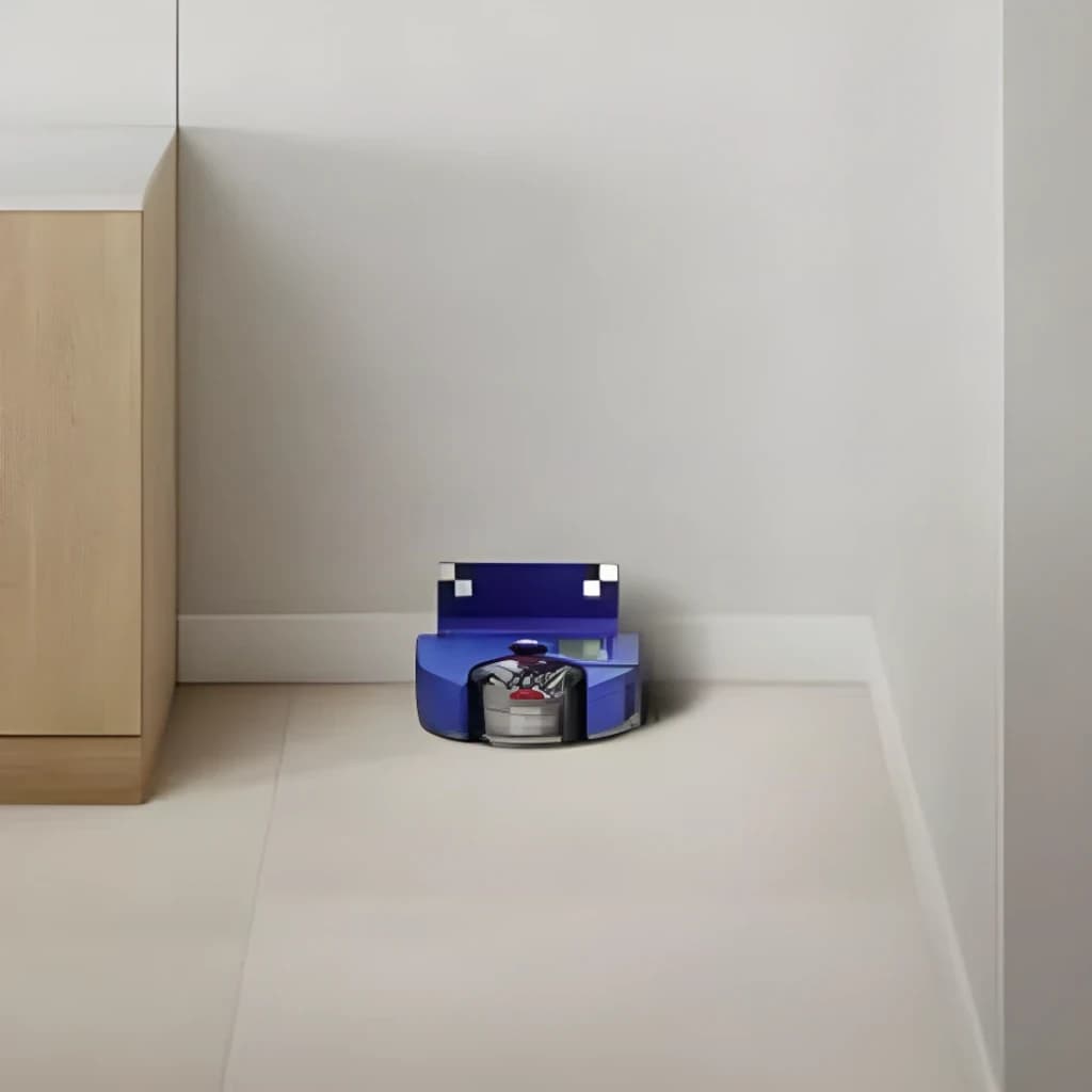 Robot aspirador Dyson 360 Vis Nav Sensor de infravermelhos 65min, vista lateral: robô azul a limpar junto ao rodapé e móvel
