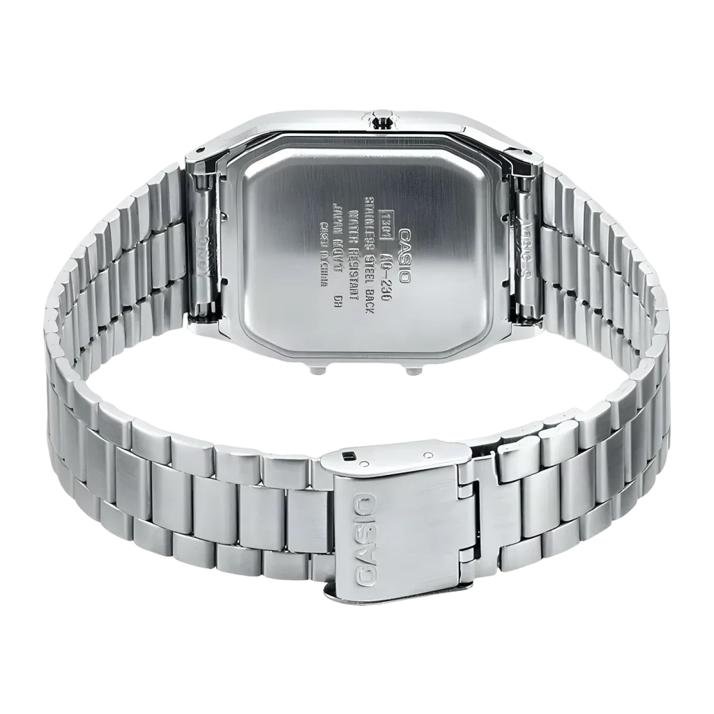 Casio Vintage AQ-230A-1DMQYES Prateado Bateria 3 Anos ISO 2281, vista traseira: caixa de aço inoxidável gravada e fecho