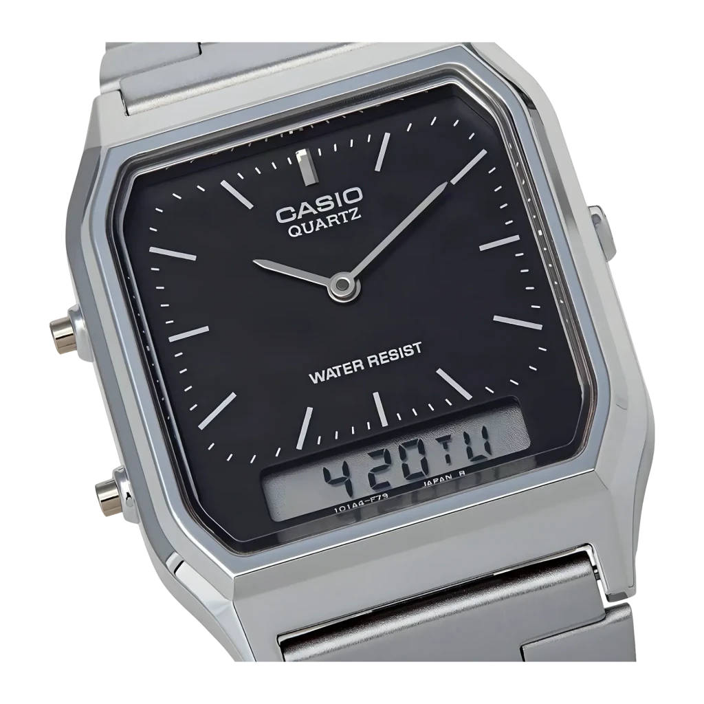 Casio Vintage AQ-230A-1DMQYES Prateado Bateria 3 Anos ISO 2281, detalhe: mostrador preto com ponteiros prateados e visor LCD
