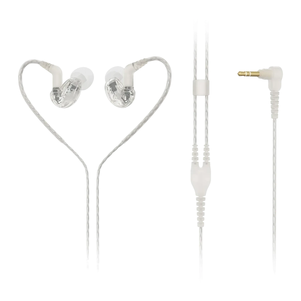 Écouteurs Behringer SD251-CL In-Ear avec câble MMCX, vue de face: coques transparentes avec crochets et câble jack 3,5 mm