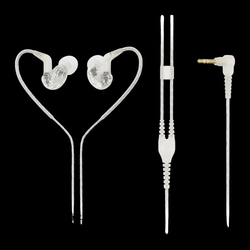 Écouteurs Behringer SD251-CL In-Ear avec câble MMCX, vue de face: coques transparentes avec crochets et câble jack 3,5 mm