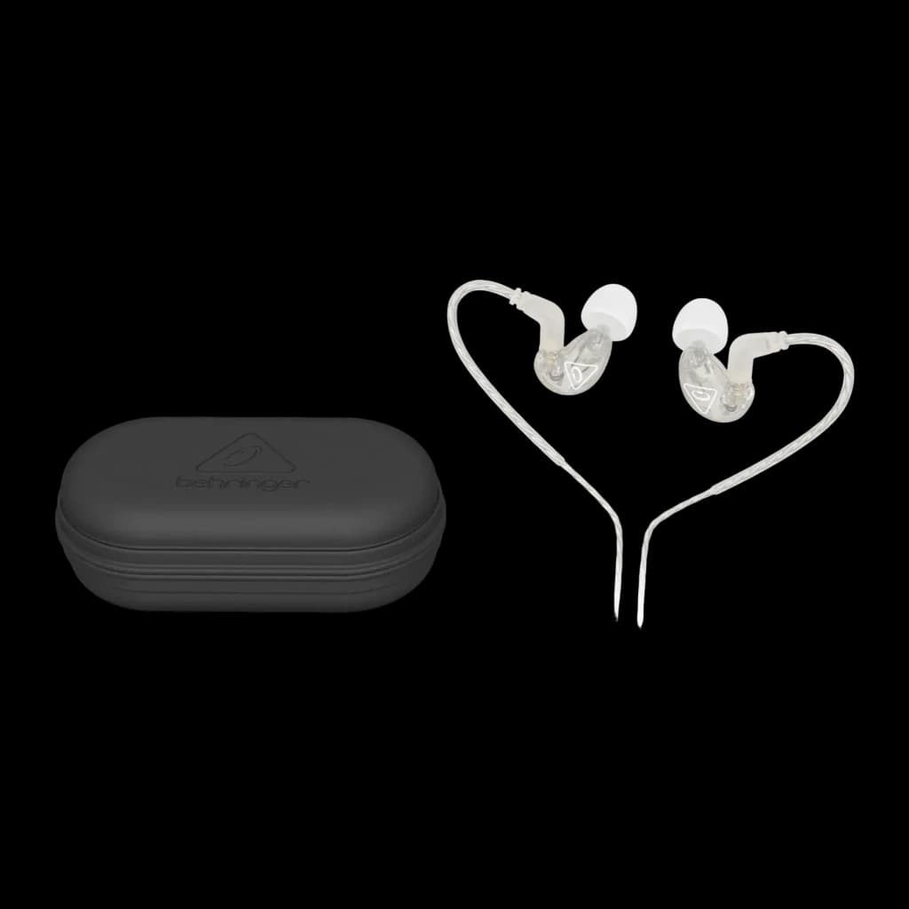 Écouteurs Behringer SD251-CL In-Ear avec câble MMCX, détail: écouteurs transparents avec étui rigide noir sur fond sombre