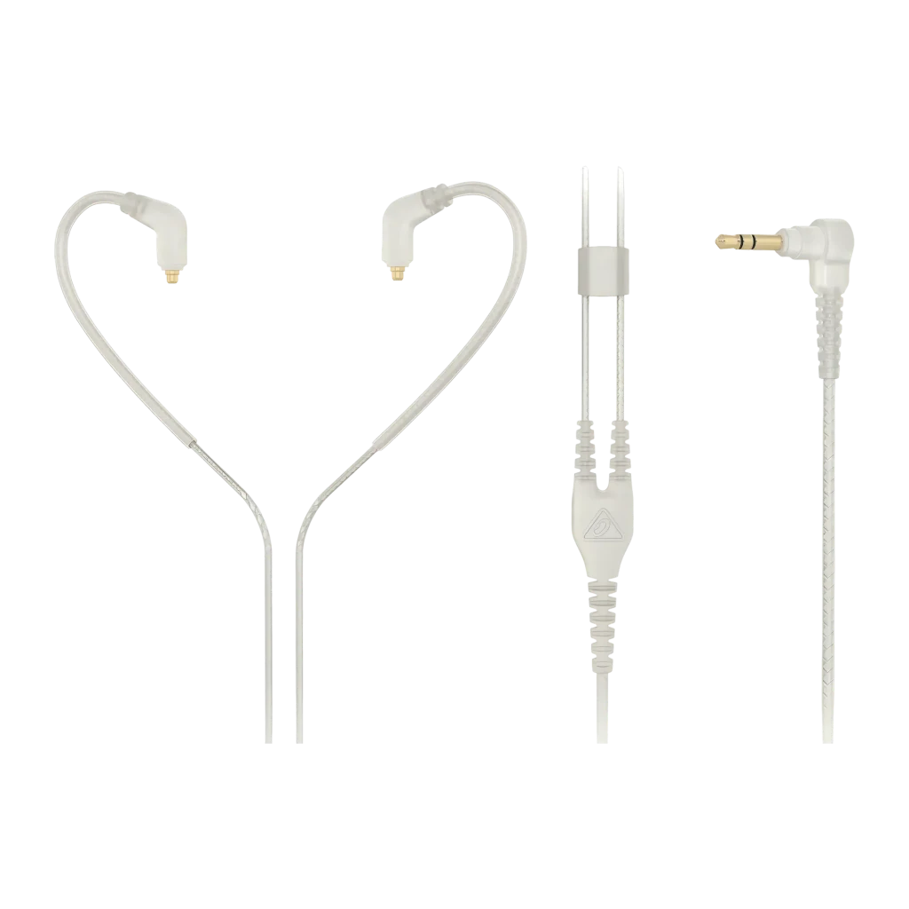 Écouteurs Behringer SD251-CL In-Ear avec câble MMCX, détail: écouteurs séparés du câble, connecteurs MMCX dorés et jack