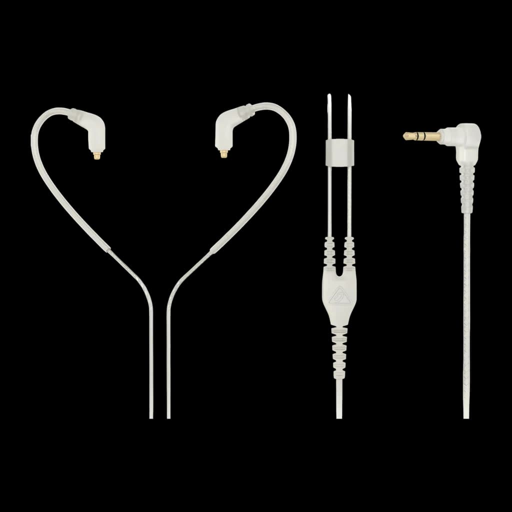 Écouteurs Behringer SD251-CL In-Ear avec câble MMCX, détail: écouteurs séparés du câble, connecteurs MMCX dorés et jack