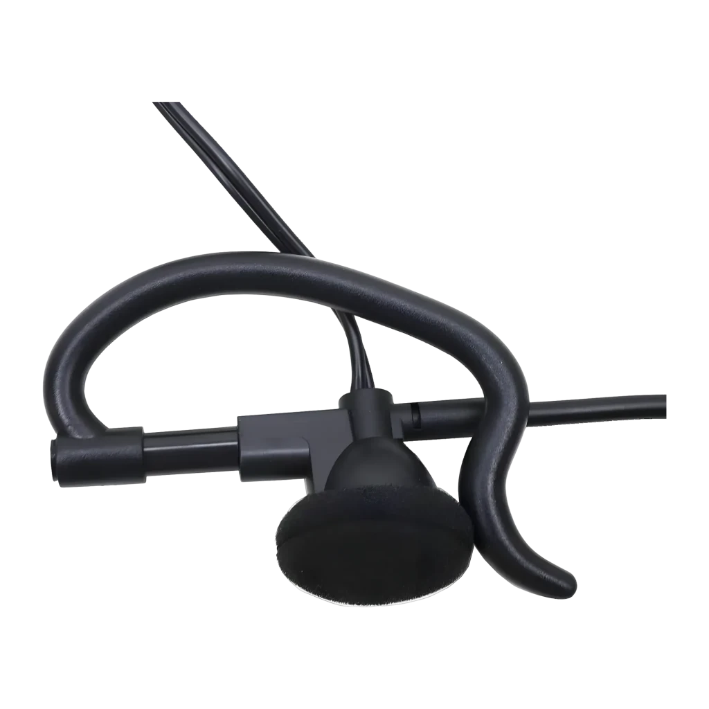 Auricular con micrófono Motorola IXTN4011 In-Ear Monoaural, detalle: gancho auricular negro, micrófono redondo y cable