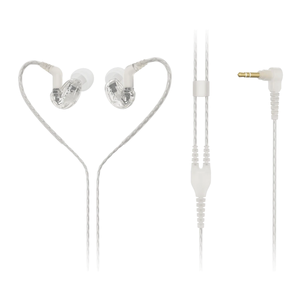 Écouteurs intra-auriculaires Behringer SD251-CL PRO In-Ear Jack 3,5 mm, vue de face: corps transparent avec ear hooks, câble