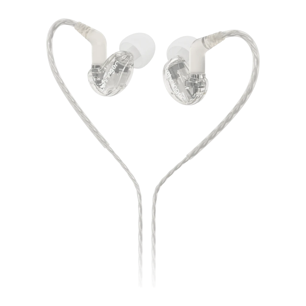 Écouteurs intra-auriculaires Behringer SD251-CL PRO In-Ear Jack 3,5 mm, détail: coque transparente avec logo, embouts blancs