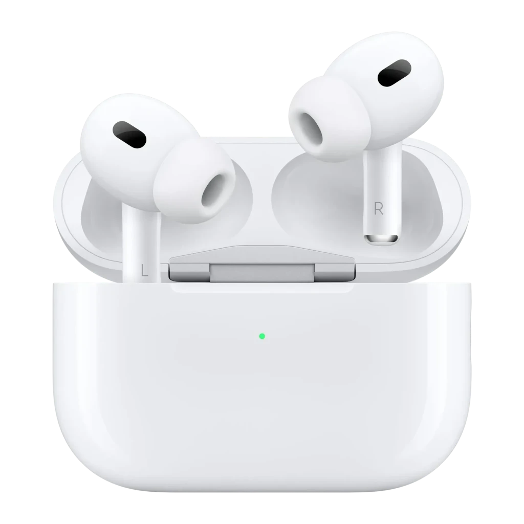 Auriculares Apple AirPods Pro (2ª generación) Cancelación de Ruido TWS, vista frontal: ambos earbuds en estuche abierto, luz