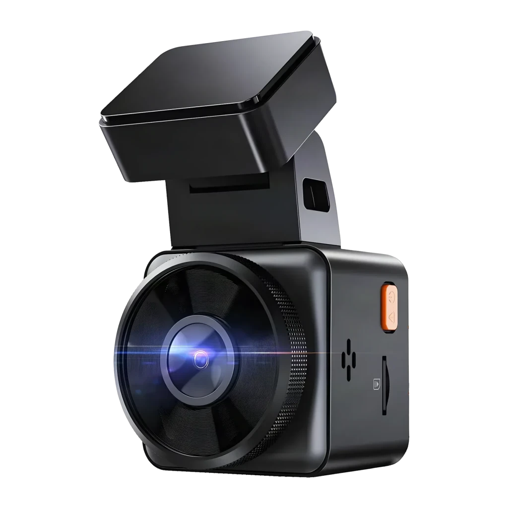 Dashcam Vantrue E1 Lite 1CH 1080p GPS WiFi Vision Nocturne, vue avant: objectif grand angle avec reflet bleu, corps noir