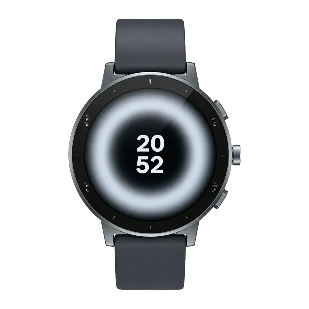 Realme Watch S5 Gris Pierre GPS Intégré Appels Bluetooth, vue de face: écran rond allumé affichant 20:52, lunette