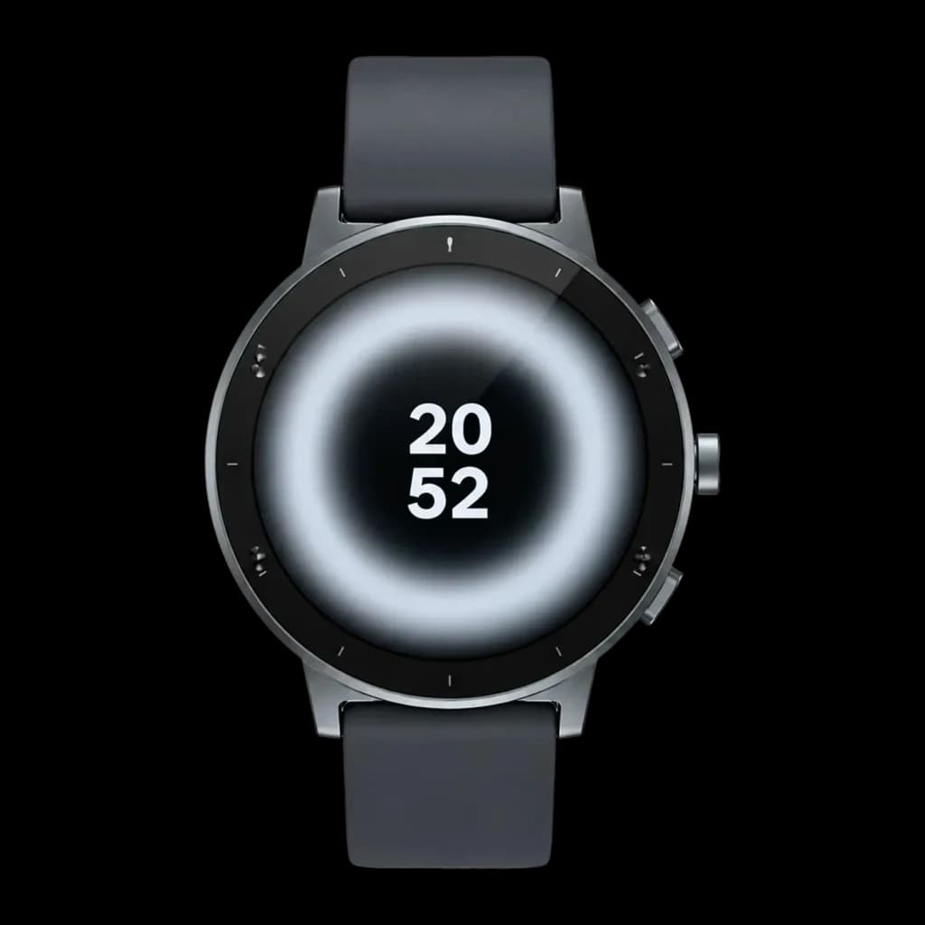 Realme Watch S5 Gris Pierre GPS Intégré Appels Bluetooth, vue de face: écran rond allumé affichant 20:52, lunette