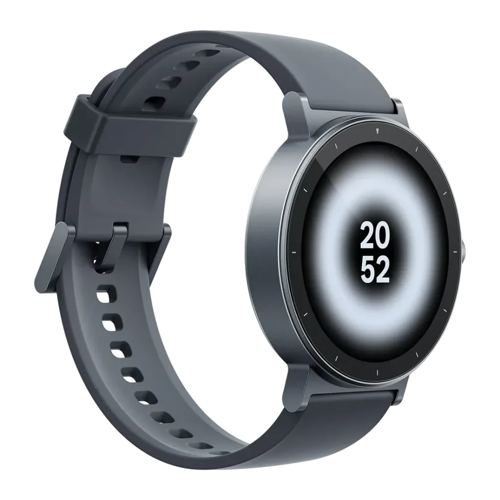 Realme Watch S5 Gris Pierre GPS Intégré Appels Bluetooth, détail: écran circulaire affichant 20:52 et bracelet perforé