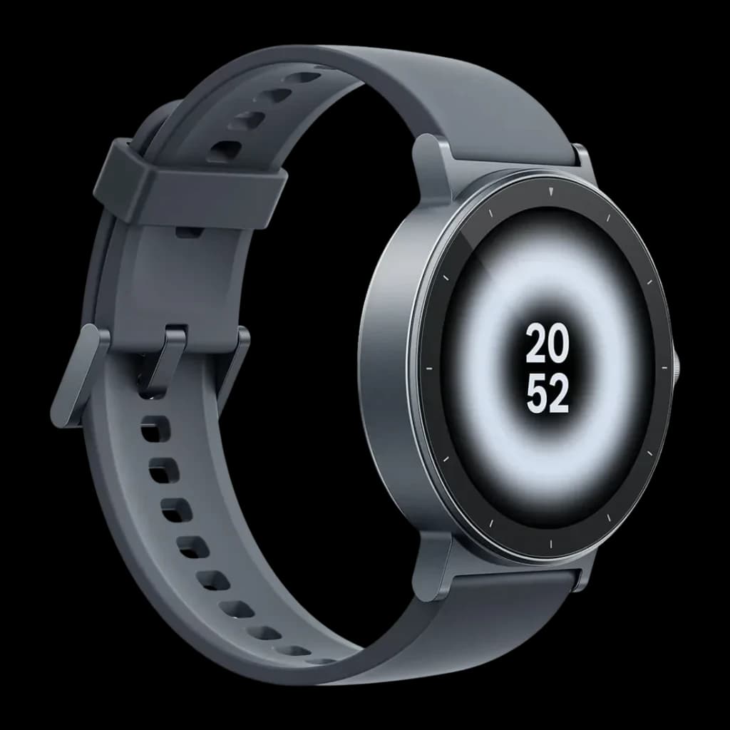 Realme Watch S5 Gris Pierre GPS Intégré Appels Bluetooth, détail: écran circulaire affichant 20:52 et bracelet perforé