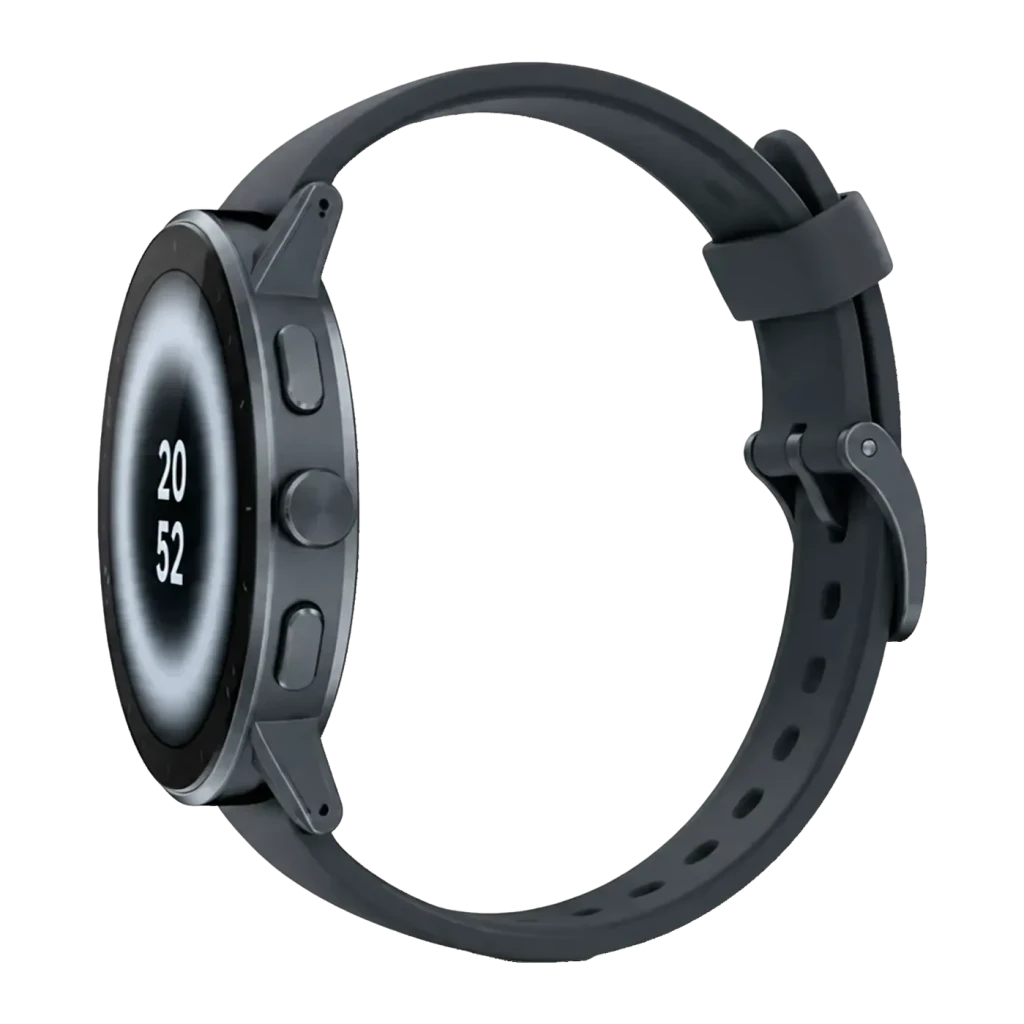 Realme Watch S5 Gris Pierre GPS Intégré Appels Bluetooth, détail latéral: trois boutons sur boîtier rond, bracelet perforé