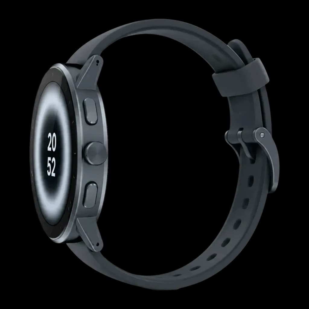 Realme Watch S5 Gris Pierre GPS Intégré Appels Bluetooth, détail latéral: trois boutons sur boîtier rond, bracelet perforé