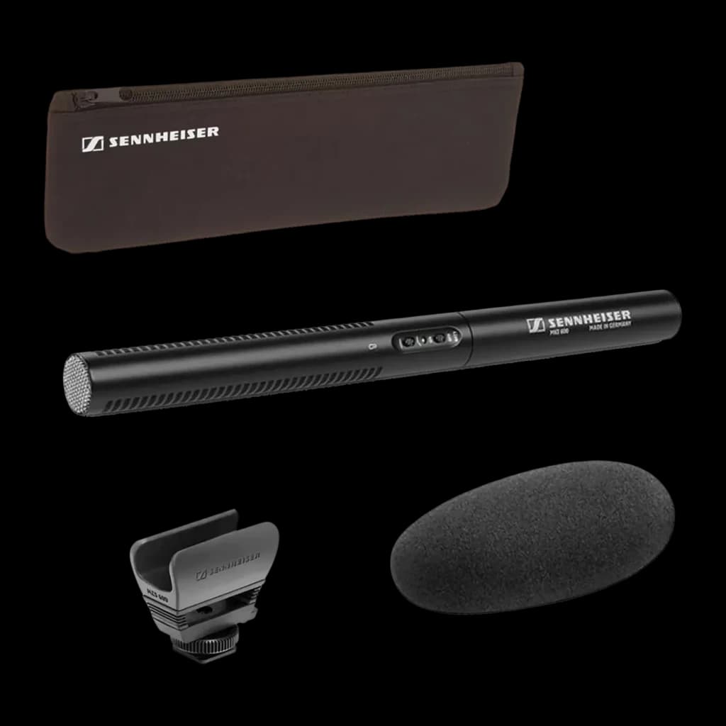 Micrófono Sennheiser MKE 600 Condensador Supercardioide XLR, detalle: kit completo con funda, soporte de zapata y paravientos