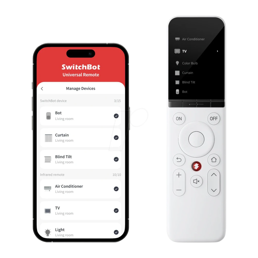 Mando a Distancia Universal SwitchBot W4600000 Bluetooth 4.2, en uso: app Manage Devices en móvil junto al mando blanco