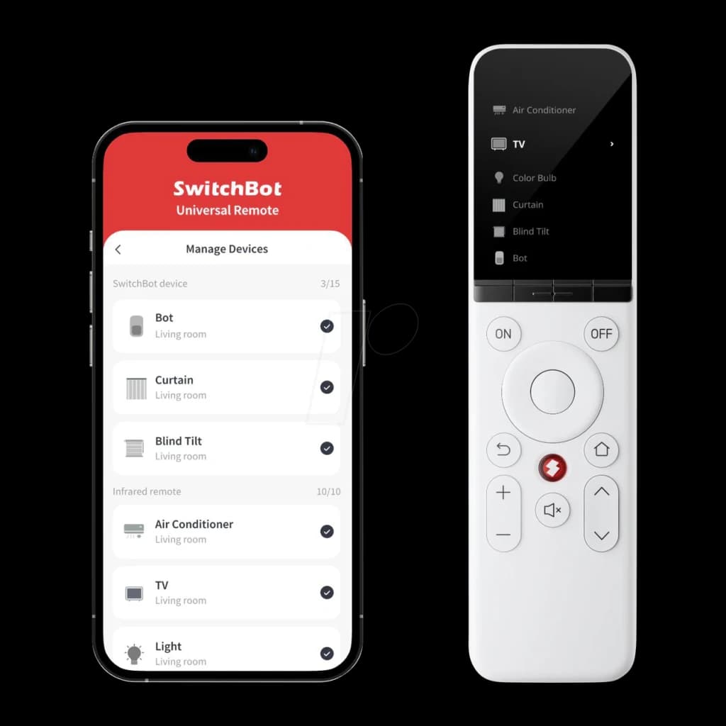Mando a Distancia Universal SwitchBot W4600000 Bluetooth 4.2, en uso: app Manage Devices en móvil junto al mando blanco