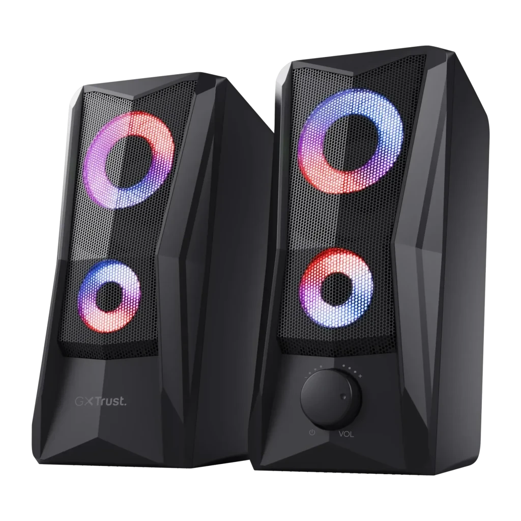 Altavoces Trust GXT 606 Javv RGB 12W Jack 3,5mm USB, vista frontal: dos altavoces negros con iluminación RGB en anillo