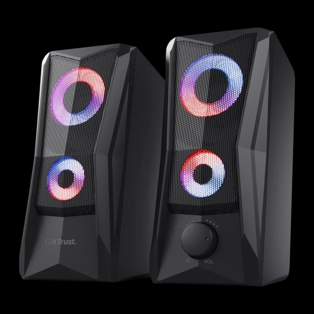 Altavoces Trust GXT 606 Javv RGB 12W Jack 3,5mm USB, vista frontal: dos altavoces negros con iluminación RGB en anillo