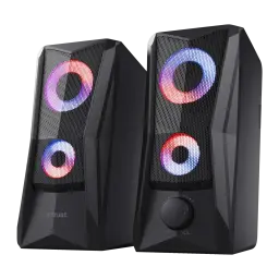 Altavoces Trust GXT 606 Javv RGB 12W Jack 3,5mm USB, vista frontal: dos altavoces negros con iluminación RGB en anillo