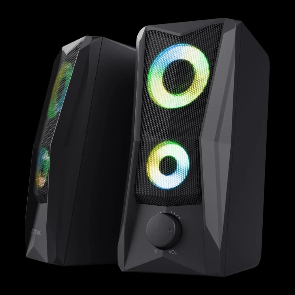 Altavoces Trust GXT 606 Javv RGB 12W Jack 3,5mm USB, vista frontal 3/4: dos altavoces negros con iluminación RGB