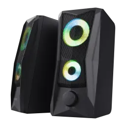 Altavoces Trust GXT 606 Javv RGB 12W Jack 3,5mm USB, vista frontal 3/4: dos altavoces negros con iluminación RGB
