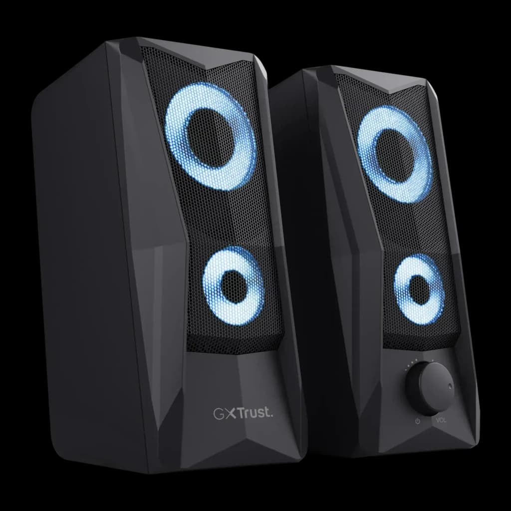Altavoces Trust GXT 606 Javv RGB 12W Jack 3,5mm USB, vista frontal en ángulo: par de altavoces negros con iluminación RGB