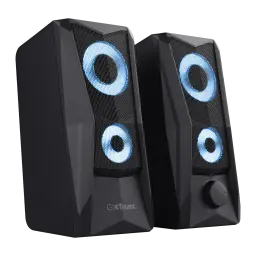 Altavoces Trust GXT 606 Javv RGB 12W Jack 3,5mm USB, vista frontal en ángulo: par de altavoces negros con iluminación RGB
