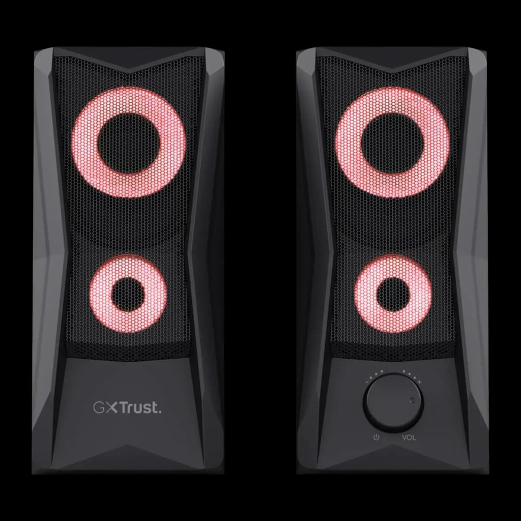 Altavoces Trust GXT 606 Javv RGB 12W Jack 3,5mm USB, vista frontal: par de altavoces negros con iluminación RGB rosa en dos