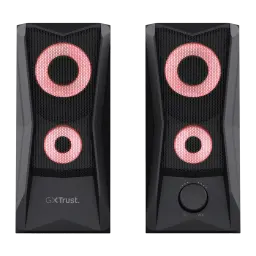 Altavoces Trust GXT 606 Javv RGB 12W Jack 3,5mm USB, vista frontal: par de altavoces negros con iluminación RGB rosa en dos