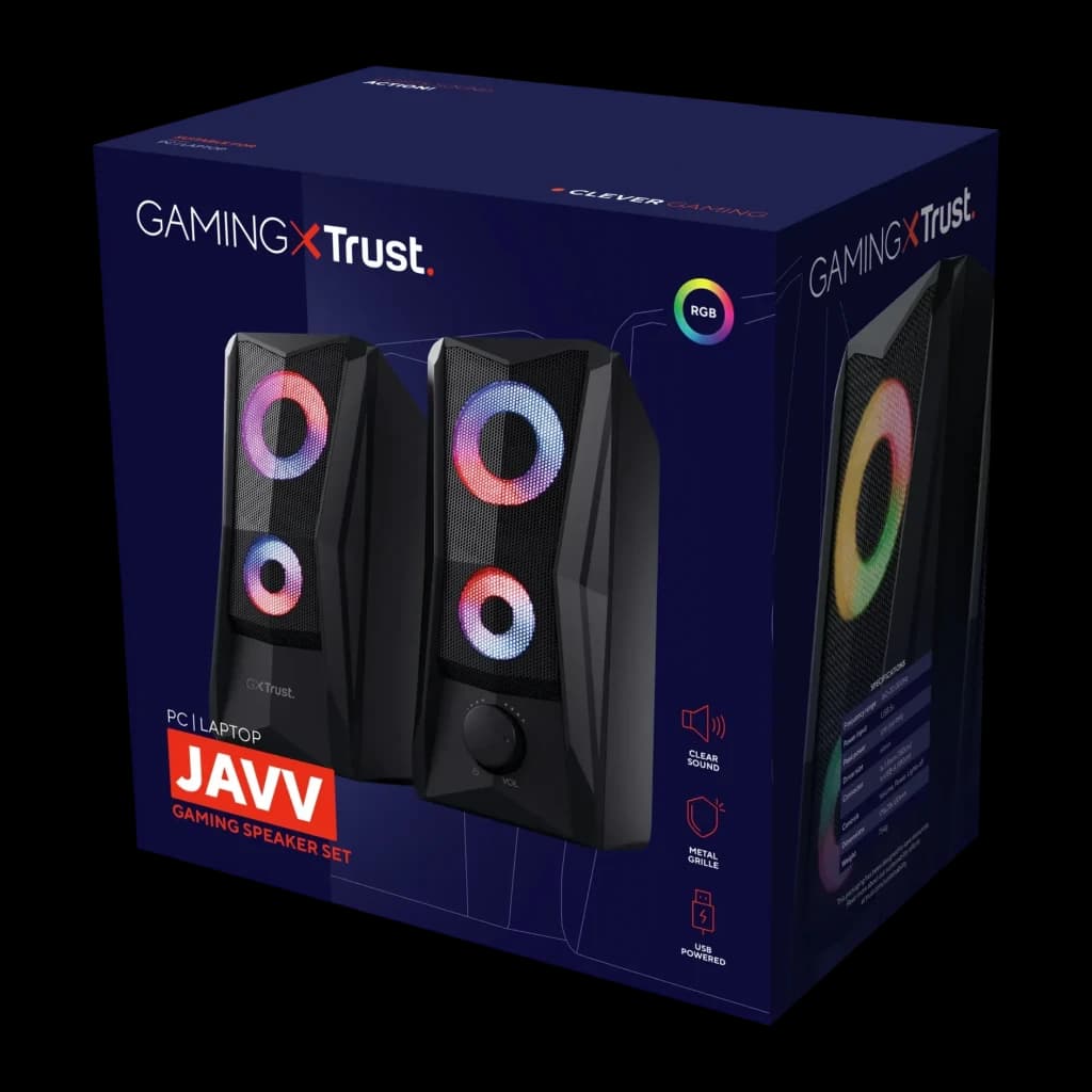 Altavoces Trust GXT 606 Javv RGB 12W Jack 3,5mm USB, caja: packaging azul oscuro con altavoces iluminados RGB y rejilla