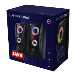 Altavoces Trust GXT 606 Javv RGB 12W Jack 3,5mm USB, caja: packaging azul oscuro con altavoces iluminados RGB y rejilla