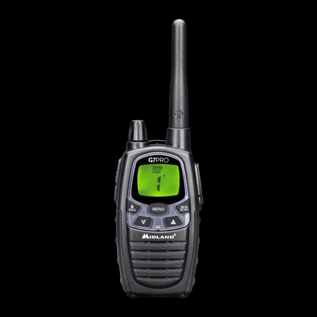 Walkie Talkie Midland G7 Pro Single 69 canales Individual, vista frontal: pantalla LCD verde, botones CALL MENU y antena