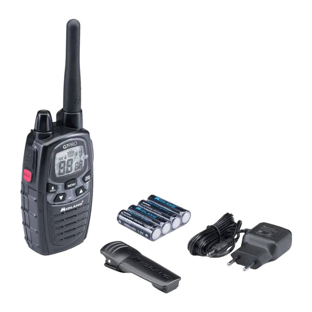Walkie Talkie Midland G7 Pro Single 69 canales Individual, contenido: walkie, clip, pilas recargables y cargador sobre fondo