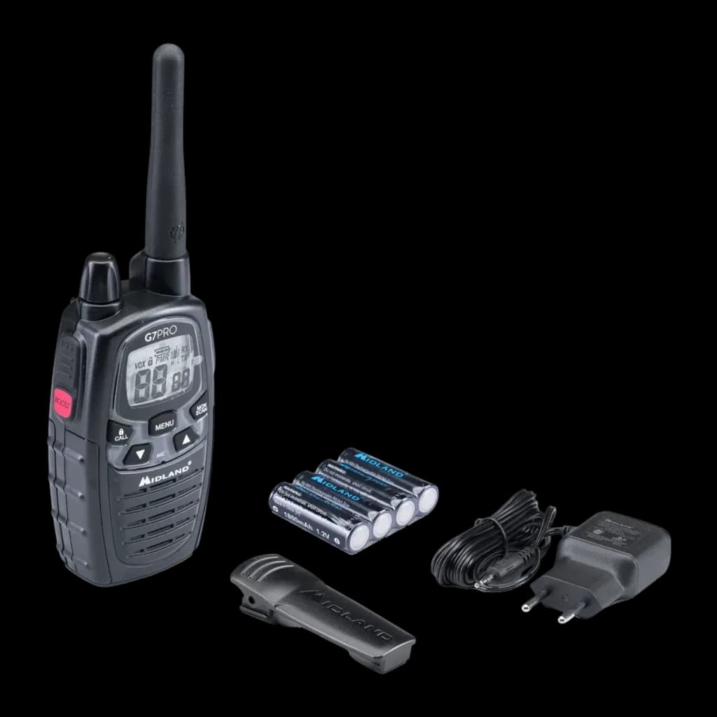 Walkie Talkie Midland G7 Pro Single 69 canales Individual, contenido: walkie, clip, pilas recargables y cargador sobre fondo