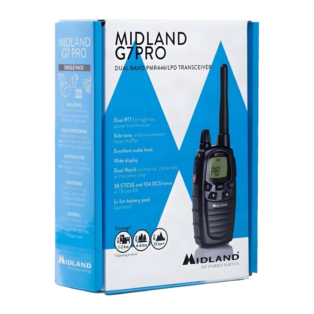 Walkie Talkie Midland G7 Pro Single 69 canales Individual, caja: packaging Single Pack con walkie y especificaciones visibles