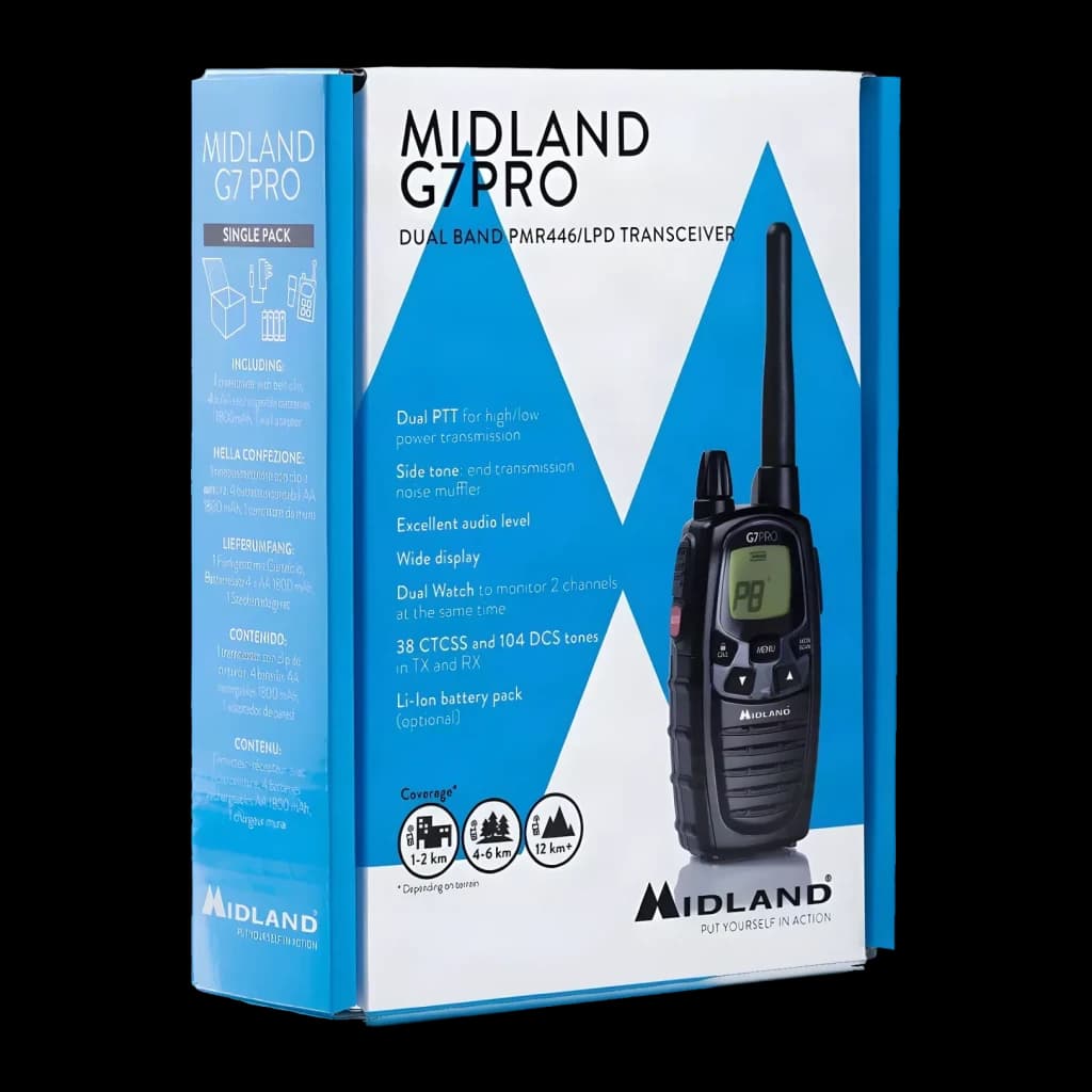 Walkie Talkie Midland G7 Pro Single 69 canales Individual, caja: packaging Single Pack con walkie y especificaciones visibles