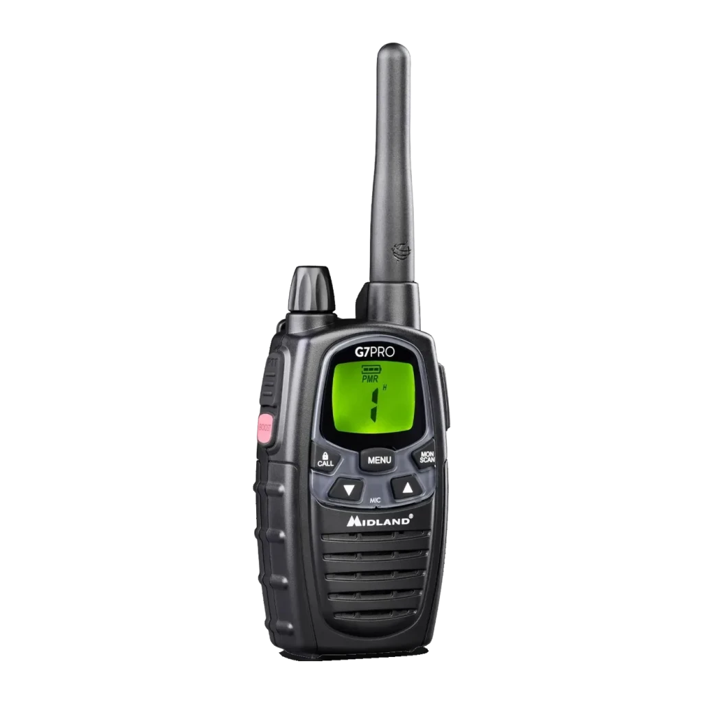 Walkie Talkie Midland G7 Pro Single 69 canales Individual, vista frontal: pantalla LCD verde encendida, antena y botones