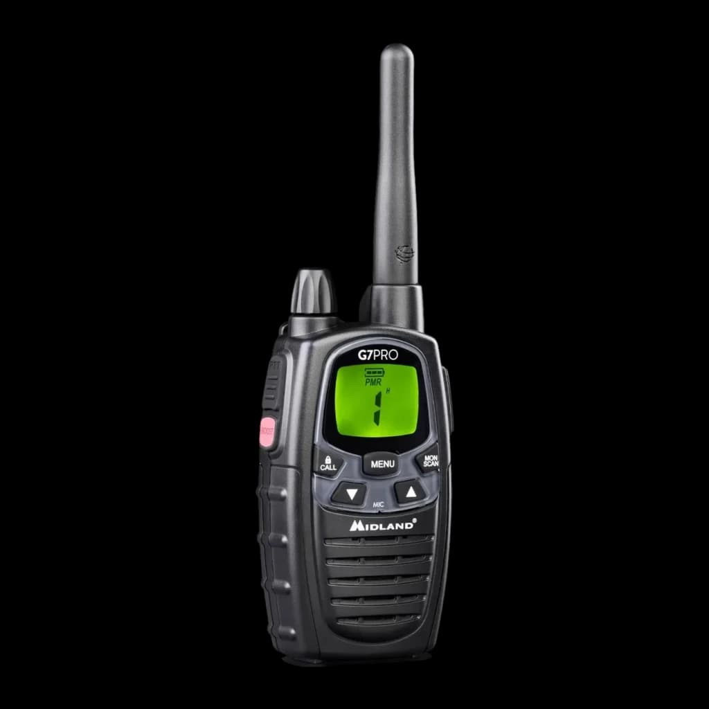 Walkie Talkie Midland G7 Pro Single 69 canales Individual, vista frontal: pantalla LCD verde encendida, antena y botones