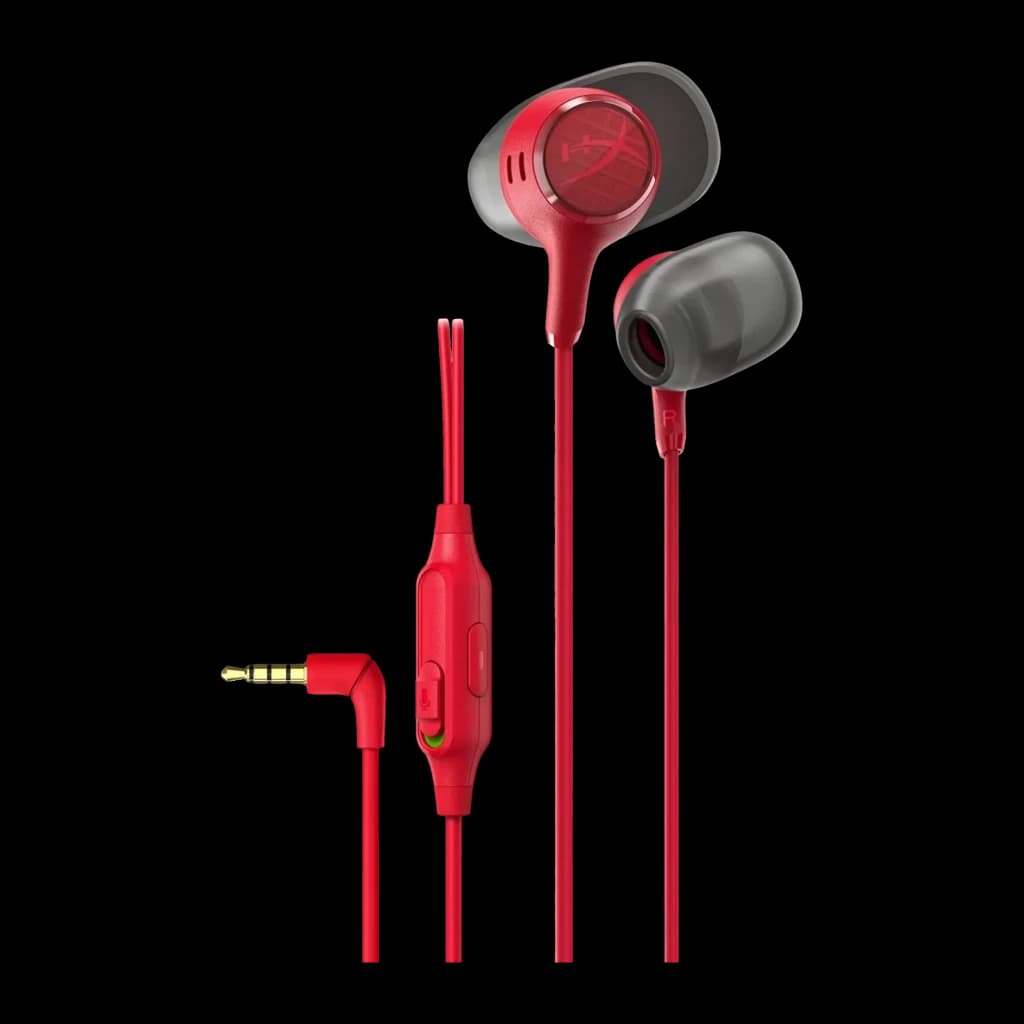 Auriculares gaming HyperX Cloud Earbuds III In-Ear Cable, vista frontal: auriculares rojos con aletas grises, mando en línea
