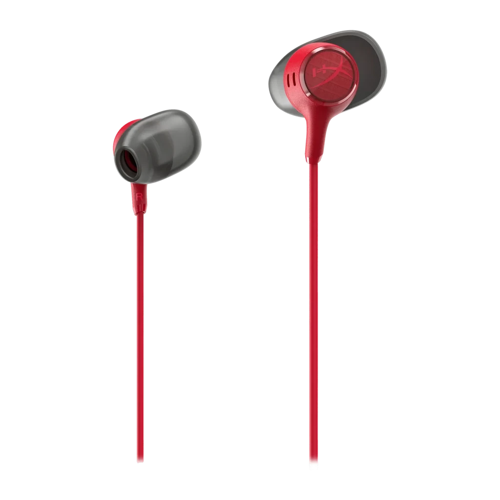Auriculares gaming HyperX Cloud Earbuds III In-Ear Cable, detalle: dos auriculares rojos con almohadillas grises y cable rojo