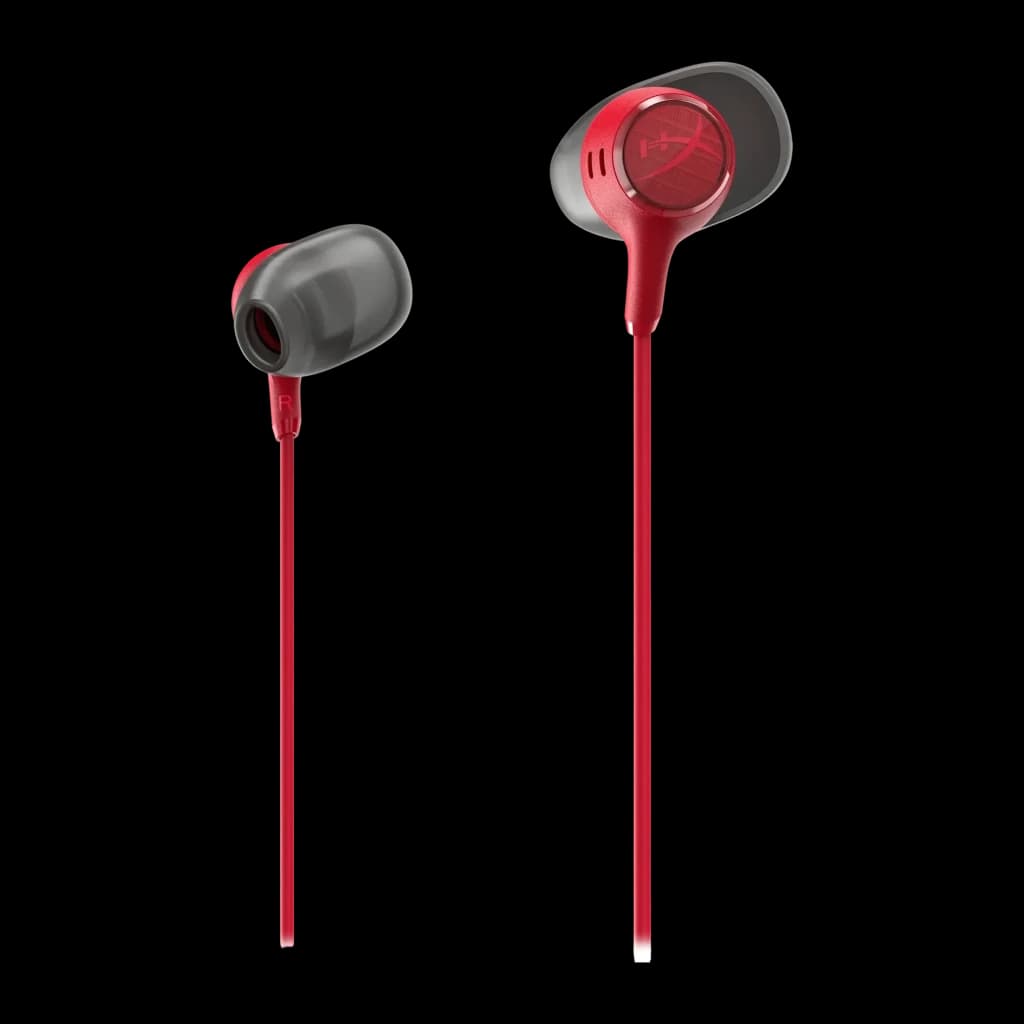 Auriculares gaming HyperX Cloud Earbuds III In-Ear Cable, detalle: dos auriculares rojos con almohadillas grises y cable rojo