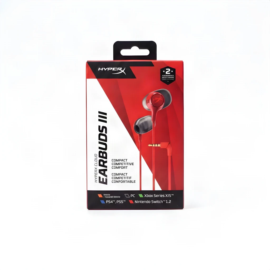 Auriculares gaming HyperX Cloud Earbuds III In-Ear Cable, contenido de la caja: caja roja con auriculares rojos y cable jack